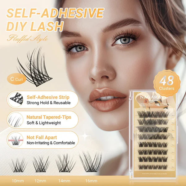 Self-Adhesive DIY Lash, There is a girl on the photo. On the LEft side there is a 1 pc C-Curl Adhesive Eyelashes, There is a word it says: Self Adhesive Strip Strong Hold and Reusable.  Natural Tapered-Tips Soft and Lightweight, Non Fall Apart,Non rritating and Comfortable. There is a 4 pieces cluster adhesive eyelashes with different size, the first one is 1 adhesive eyelashes is 10mm, 12mm,14mm, and 16mm , 

On the photo to the right there is a box of adhesive cluster eyelashes 48pisces Clusters lashes 