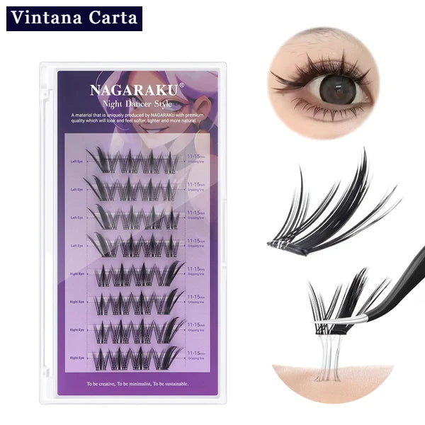 There is a word on the upper left name Vintana Carta highlighed in color dark navy blue.
The Color of the box is violet, and there is a name Nagaraku Night Dancer Style, 32pcs cluster adhesive eyelashes. 
On the upper right, There is one eye focus with adhesive eyelash extension.
On the right, there is a cluster adhesive eyelashes no glue needed demonstrate  of how sticky the cluster adhesive eyelashes.