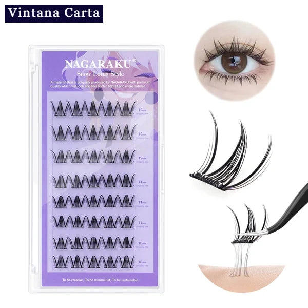 There is a word on the upper left name Vintana Carta highlighed in color dark navy blue.
The Color of the box is violet, and there is a name Nagaraku Snow Lotus Style, 40pcs cluster adhesive eyelashes. 
On the upper right, There is one eye focus with adhesive eyelash extension.
On the right, there is a cluster adhesive eyelashes no glue needed demonstrate  of how sticky the cluster adhesive eyelashes.