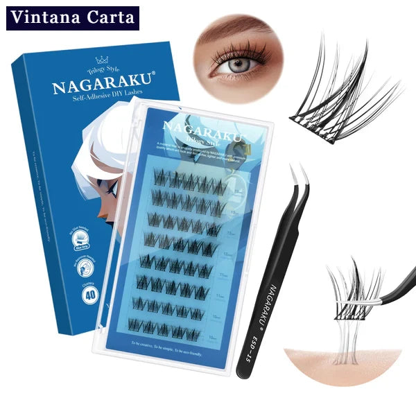 There is a word on the upper left name Vintana Carta higlighed in color dark blue.

There is 1 box of self adhesive eyelashes 40 pcs clusters, and 1 black tweezer.

The one eye on the upper center is a model of adhesive cluster  