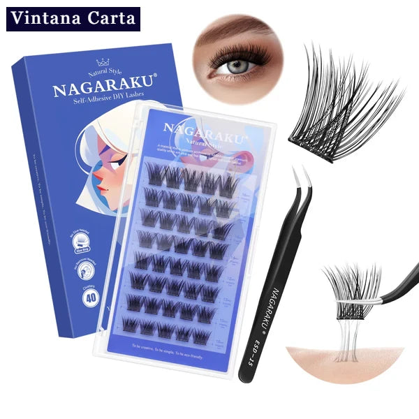 There is a word on the upper left name Vintana Carta higlighed in color dark blue.

There is 1 box of self adhesive eyelashes 40 piesces clusters,and 1 black tweezer. The color of a box is blue violet color

The one eye on the upper center is a model of adhesive cluster  