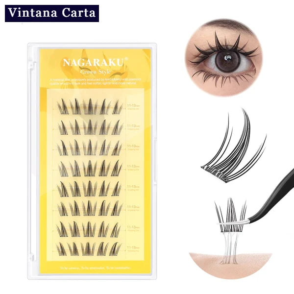 There is a word on the upper left name Vintana Carta highlighed in color dark navy blue.
The Color of the box is yellow, and there is a name Nagaraku, Crown Style 40pcs cluster adhesive eyelashes. 
On the upper right, There is one eye focus with adhesive eyelash extension.
On the right, there is a cluster adhesive eyelashes no glue needed demonstrate  of how sticky the cluster adhesive eyelashes.