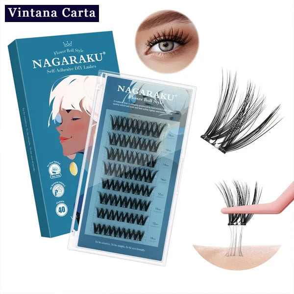 There is a word on the upper left name Vintana Carta highlighed in color dark navy blue.
The Color of the box is blue, and there is a name Nagaraku Flower Ball Style, 40pcs cluster adhesive eyelashes. 
On the upper right, There is one eye focus with adhesive eyelash extension.
On the right, there is a cluster adhesive eyelashes no glue needed demonstrate  of how sticky the cluster adhesive eyelashes.