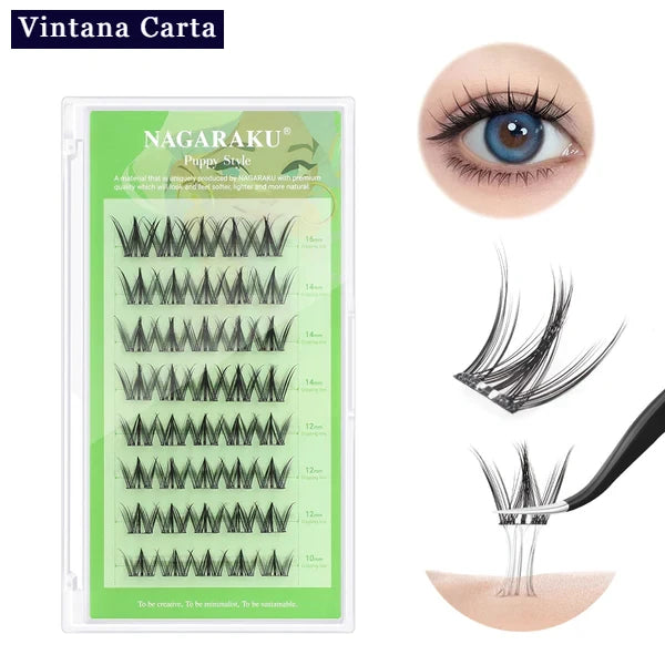 There is a word on the upper left name Vintana Carta highlighed in color dark navy blue.
The Color of the box is green, and there is a name Nagaraku, Puppy Style 40pcs cluster adhesive eyelashes. 
On the upper right, There is one eye focus with adhesive eyelash extension.
On the right, there is a cluster adhesive eyelashes no glue needed demonstrate  of how sticky the cluster adhesive eyelashes.