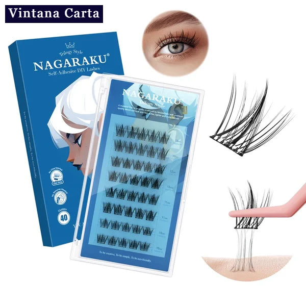 There is a word on the upper left name Vintana Carta highlighed in color dark navy blue.
The Color of the box is blue, and there is a name Nagaraku Style, 40pcs cluster adhesive eyelashes. 
On the upper right, There is one eye focus with adhesive eyelash extension.
On the right, there is a cluster adhesive eyelashes no glue needed demonstrate  of how sticky the cluster adhesive eyelashes.