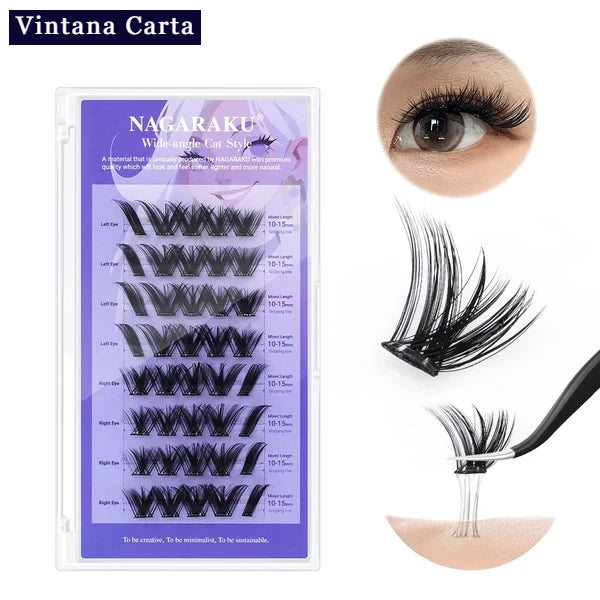 There is a word on the upper left name Vintana Carta highlighed in color dark navy blue.
The Color of the box is violet, and there is a name Nagaraku Wide Angle Cat Style, 40Snow pcs cluster adhesive eyelashes. 
On the upper right, There is one eye focus with adhesive eyelash extension.
On the right, there is a cluster adhesive eyelashes no glue needed demonstrate  of how sticky the cluster adhesive eyelashes.