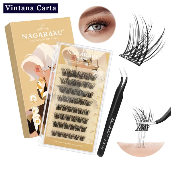 There is a word on the upper left name Vintana Carta higlighed in color dark blue.

There is 1 box of self adhesive eyelashes 48 piesces clusters,and 1 black tweezer. The color of a box is light brown color

The one eye on the upper center is a model of adhesive cluster  