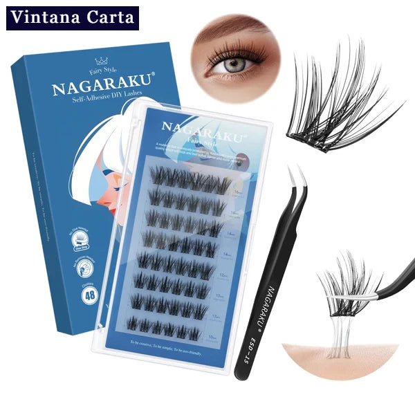 There is a word on the upper left name Vintana Carta higlighed in color dark blue.

There is 1 box of self adhesive eyelashes 48 pcs clusters, and 1 black tweezer.

The one eye on the upper center is a model of adhesive cluster  
