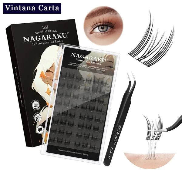 On the upper left, There is A Word "Vintana Carta" highlighted in dark navy vlue.

On the Photo, there is a box of adhesive Eyelash, on the box there is a 96 pisces individual adhesive cluster eyelashes with 1pc black tweezer. On The Upper center,there in a one eye modeling the adhesive cluster eyelashes.