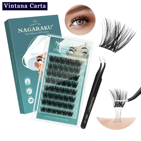 There is a word on the upper left name Vintana Carta higlighed in color dark blue.

There is 1 box of self adhesive eyelashes 48 pcs clusters, and 1 black tweezer.

The one eye on the upper center is a model of adhesive cluster  