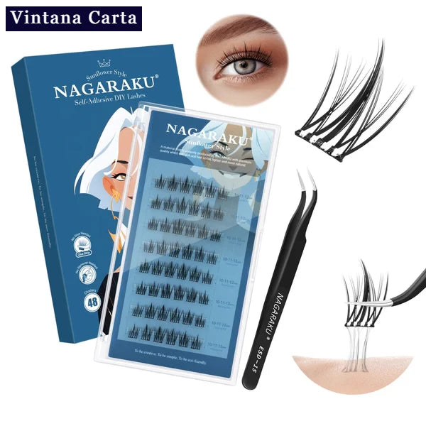 There is a word on the upper left name Vintana Carta higlighed in color dark blue.

There is 1 box of self adhesive eyelashes 48pcs clusters,and 1 black tweezer. The color of a box is blue color