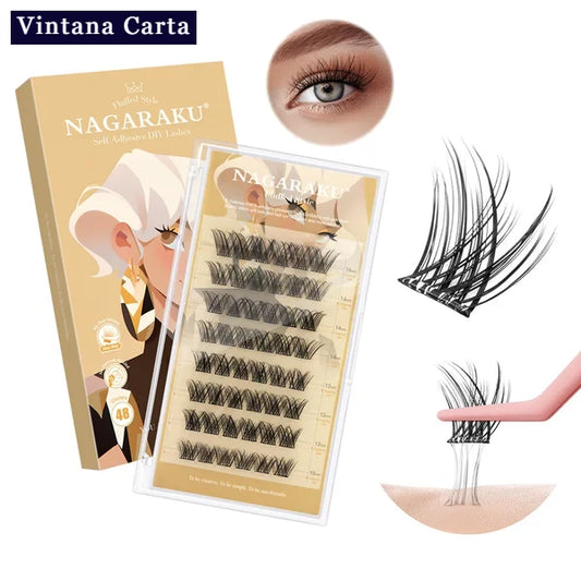 There is a word on the upper left name Vintana Carta higlighed in color dark blue. White background color. There is a one eye model on the right side with Adhesive Eyelashes. The color of a box is brown, written Nagaraku.
Comes with a clear case, and with sticky eyelash cluster extension.