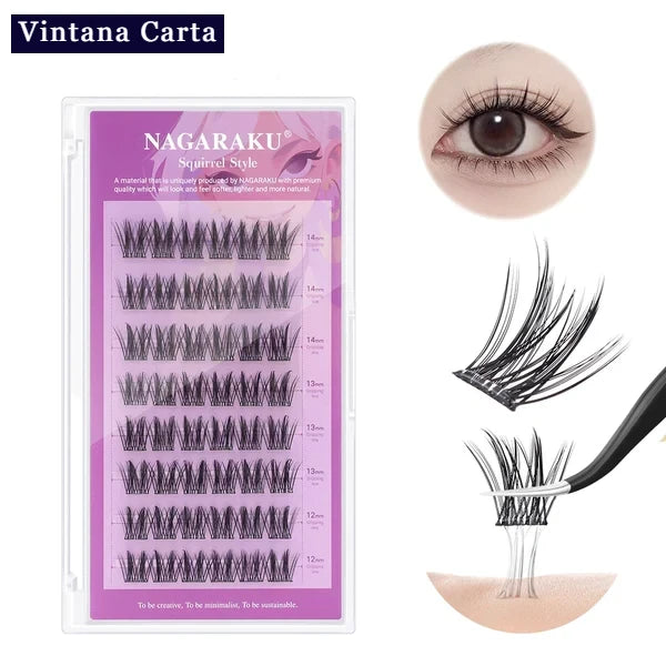 There is a word on the upper left name Vintana Carta highlighed in color dark navy blue.
The Color of the box is pink, and there is a name Nagaraku, Squirrel Style 48pcs cluster adhesive eyelashes. 
On the upper right, There is one eye focus with adhesive eyelash extension.
On the right, there is a cluster adhesive eyelashes no glue needed demonstrate  of how sticky the cluster adhesive eyelashes.