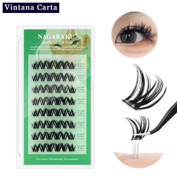 There is a word on the upper left name Vintana Carta highlighed in color dark navy blue.
The Color of the box is green, and there is a name Nagaraku Sunflower Roll Style 48pcs.
On the upper right, There is one eye focus with adhesive eyelash extension.
On the right, there is a cluster adhesive eyelashes no glue needed demonstrate  of how sticky the cluster adhesive eyelashes.