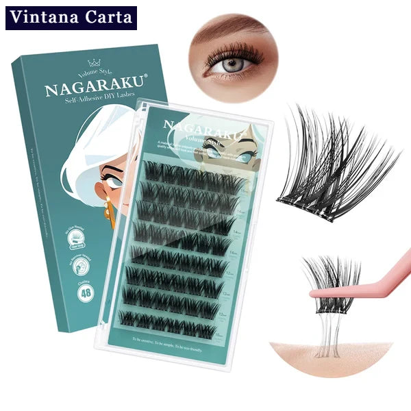 There is a word on the upper left name Vintana Carta highlighed in color dark navy blue.
The Color of the box is green, and there is a name Volume Style, 48pcs cluster adhesive eyelashes. 
On the upper right, There is one eye focus with adhesive eyelash extension.
On the right, there is a cluster adhesive eyelashes no glue needed demonstrate  of how sticky the cluster adhesive eyelashes.