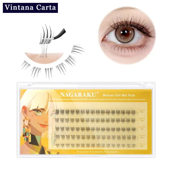 There is a word on the upper left name Vintana Carta highlighed in color dark navy blue.
The Color of the box is yellow, and there is a name Nagaraku 40pcs cluster adhesive eyelashes. 
On the upper right, There is one eye focus with adhesive eyelash extension.
On the right, there is a cluster adhesive eyelashes no glue needed demonstrate  of how sticky the cluster adhesive eyelashes.