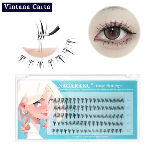 There is a word on the upper left name Vintana Carta highlighed in color dark navy blue.
The Color of the box is light blue, and there is a name Nagaraku Bottom Flame Style, 90pcs cluster adhesive eyelashes. 
On the upper right, There is one eye focus with adhesive eyelash extension.
On the right, there is a cluster adhesive eyelashes no glue needed demonstrate  of how sticky the cluster adhesive eyelashes.