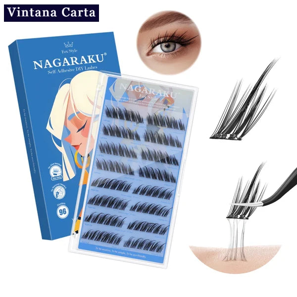 There is a word on the upper left name Vintana Carta highlighed in color dark navy blue.

The Color of the box is blue, and there is a name Nagaraku Fox Style 96pcs cluster adhesive eyelashes. 

On the upper right, There is one eye focus with adhesive eyelash extension.
On the right, there is a cluster adhesive eyelashes no glue needed demonstrate  of how sticky the cluster adhesive eyelashes.