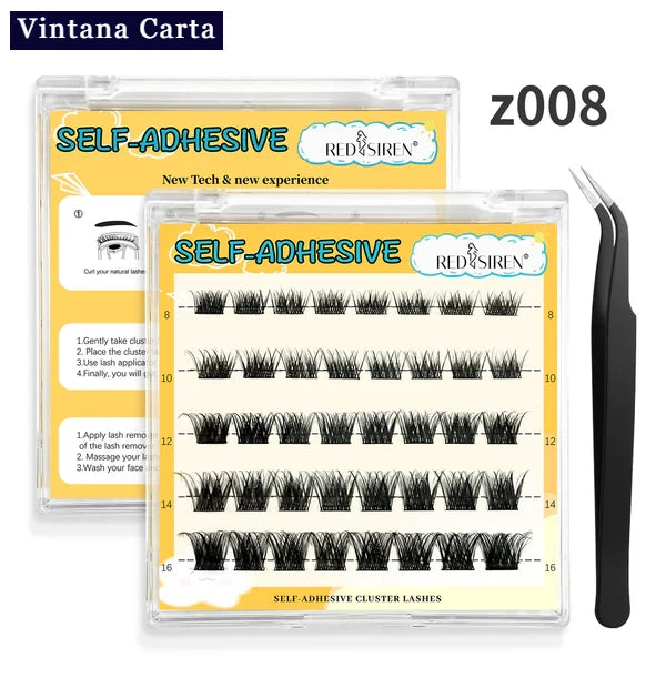 There is a word on the upper left name Vintana Carta higlighed in color dark blue.

There is 1 box of self adhesive eyelashes 55piesces clusters,and 1 black tweezer. there is number 008 on the upper right