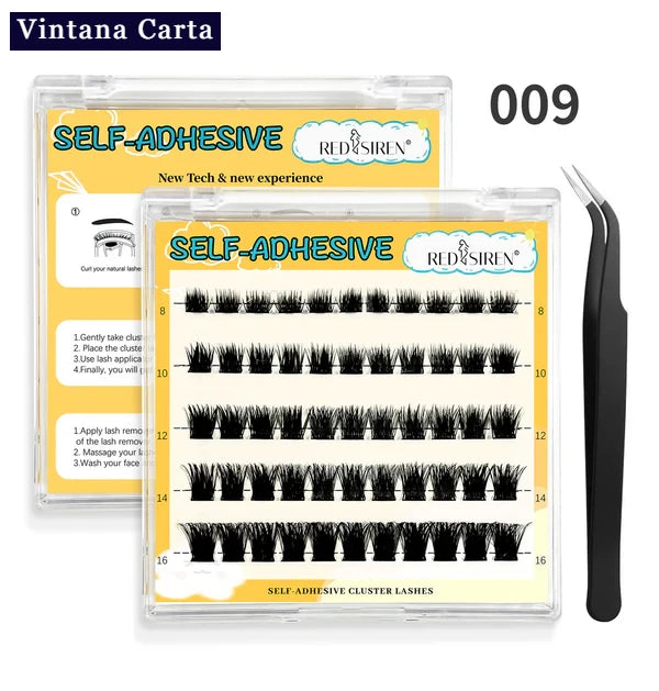 There is a word on the upper left name Vintana Carta higlighed in color dark blue.

There is 1 box of self adhesive eyelashes 55piesces clusters,and 1 black tweezer. there is number 009 on the upper right