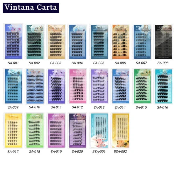 There is a word on the upper left name Vintana Carta higlighed in color dark blue.

There is 22 box of self adhesive clusters eyelashes with different various styles