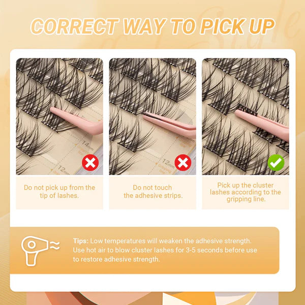 On the photo it shows and demonstrate on how to correct way to pick up Adhesive eyelash extension no glue needed.

There is a word Tips: It says Lower temperatures will weaken the adhesive strenght,Use Hot air to blow cluster lashes 3-5 secconds before use the restore adhesive strenght