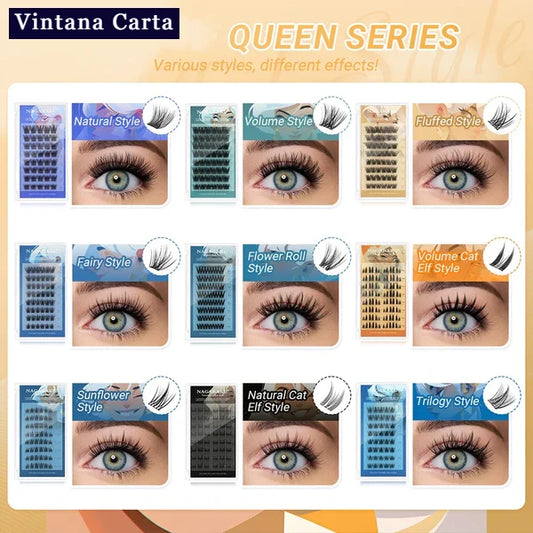 There is a word on the upper left name Vintana Carta higlighed in color dark blue.

There is a 9pcs. box with different  various styles of self adhesive eyelashes
1. Natural Style
2. Volume Style
3.Fluffed Style
4. Fairy Style
5. Flower Roll Style
6.Volume Cat Elf Style
7.Sunflower Style
8. Natural Cat Elf Style
9. Trilogy Style