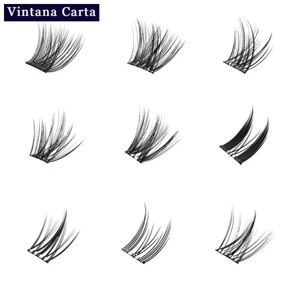 There is a word on the upper left name Vintana Carta highlight  in color dark blue.

There is 9pcs.  clusters adhesive eyelashes. different size and different lenght.