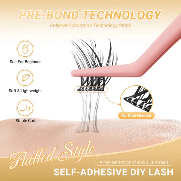 There is a adhesive cluster eyelashes, demonstrate how sticky the glue, soft and lightweight, stable curl, Pre-Bond technology. Polymer absorption technology strips.