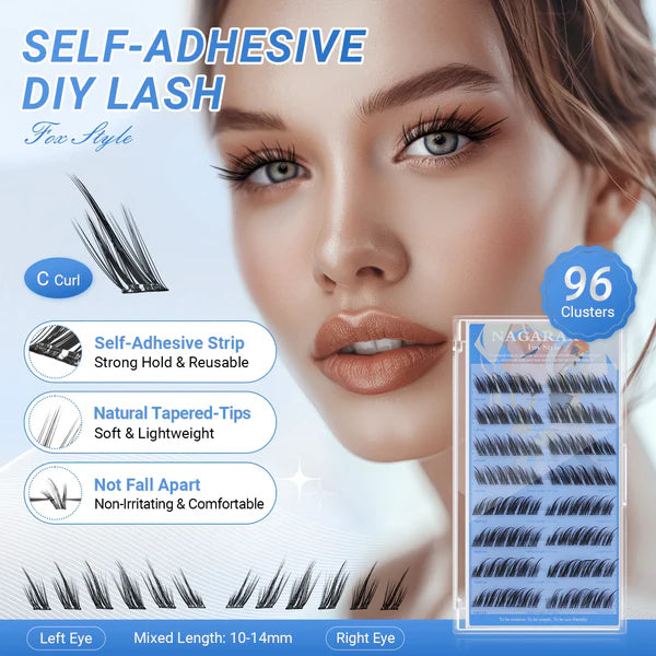 Self-Adhesive DIY Lash, There is a girl on the photo. On the LEft side there is a 1 pc C-Curl Adhesive Eyelashes, There is a word it says: Self Adhesive Strip Strong Hold and Reusable.  Natural Tapered-Tips Soft and Lightweight, Non Fall Apart,Non rritating and Comfortable. There is a 4 pieces cluster adhesive eyelashes with different size, and the lenght is 10-14mm
On the photo to the right there is a box of adhesive cluster eyelashes 96pisces Clusters lashes 