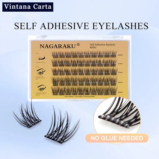 There is a word on the upper left name Vintana Carta higlighed in color dark blue.

There is a box of self adhesive clusters eyelash, 50 pisces clusters adhesive eyelashes, no glue needed