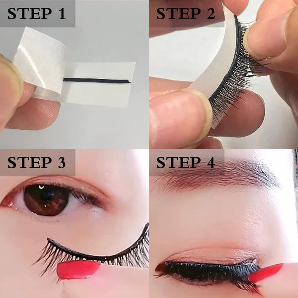 Step-By-Step tutorial on how to put self adhesive strip for eyelashes. First.Remove From the tape,Step2: Align the adhesive strip to the eyelash extension then press to stick on the eyelashes. Step3: Place the eyelash extension with self adhesive strip eyelashes. Step4: attach the adhesive eyelash with strip on upper eyelid