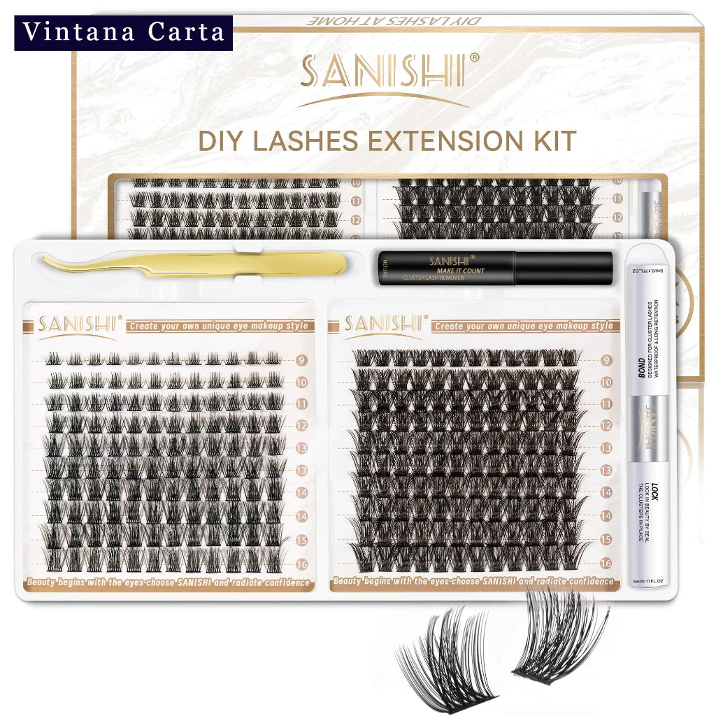 A DIY eyelash extension kit by Vintana Carta, including false eyelashes in various lengths and a lash curler.