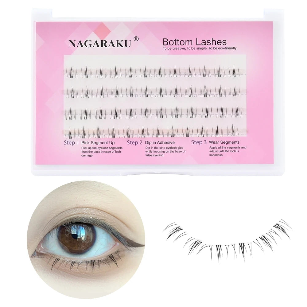 Various packs of false eyelashes displayed in rows. Each pack is labeled and some have visual examples of the lashes.