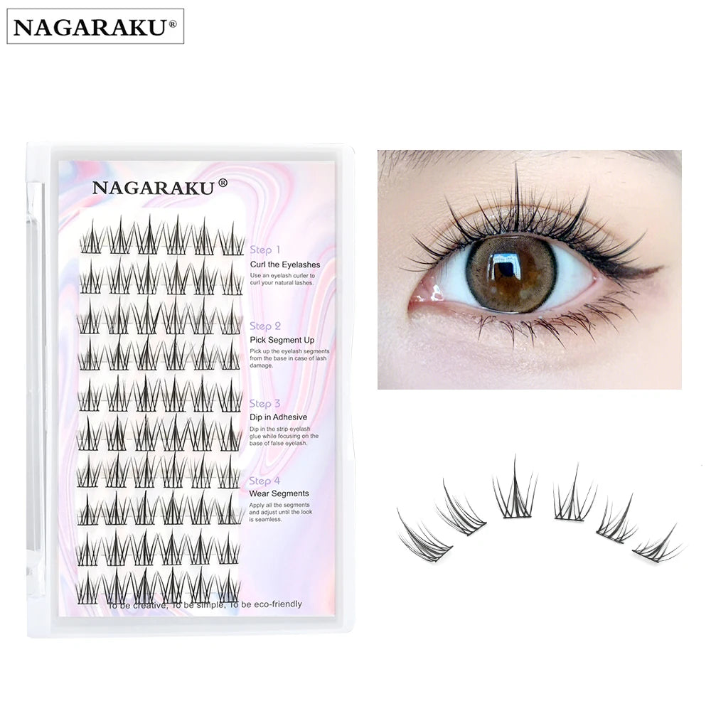 Various packs of false eyelashes displayed in rows. Each pack is labeled and some have visual examples of the lashes.