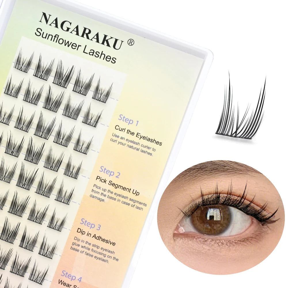 A collection of false eyelash extension packages by NAGARAKU, showcasing various styles in individual trays.